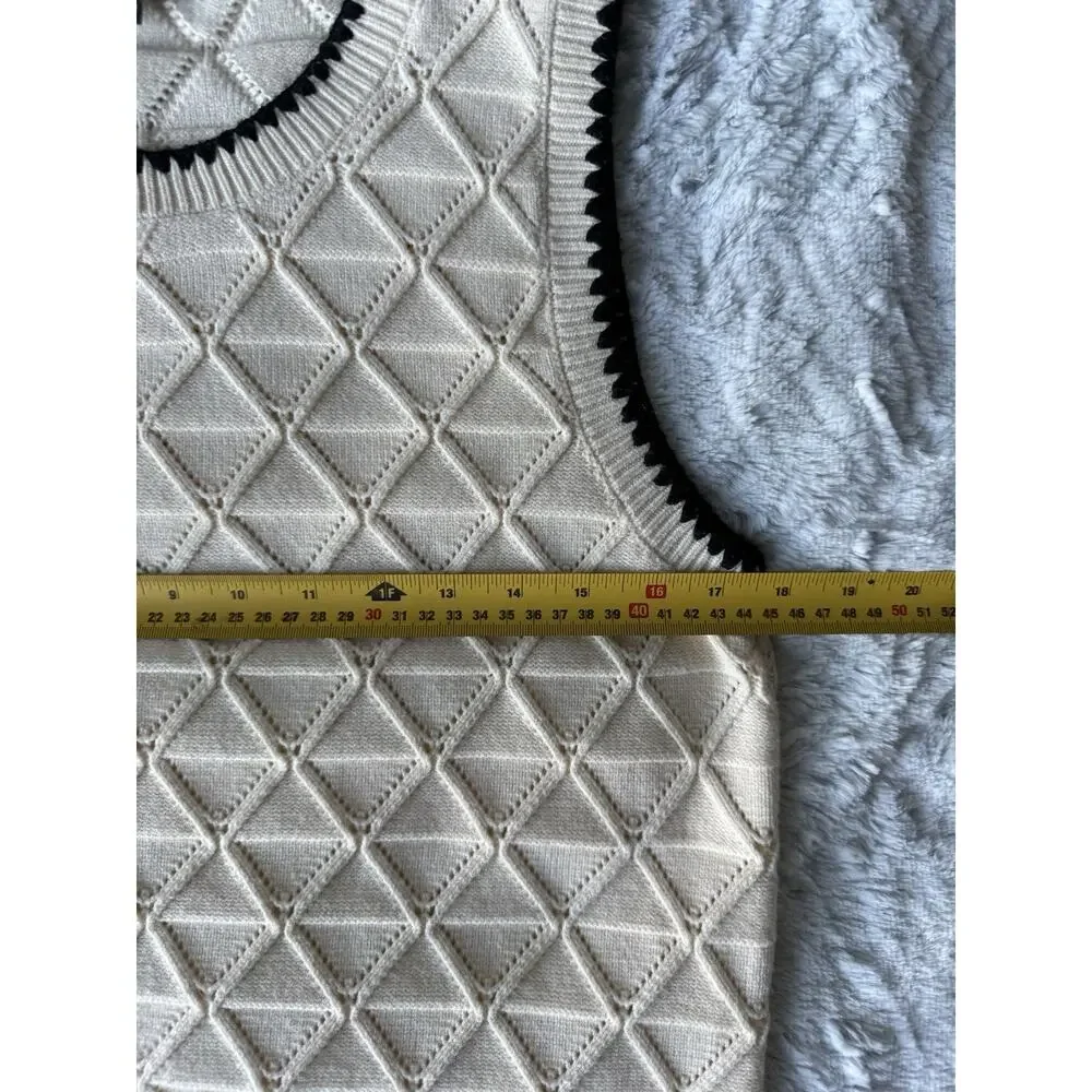 Adrianna Papell Vest Cream Black Trim Diamond Knit Size S Old Money Preppy